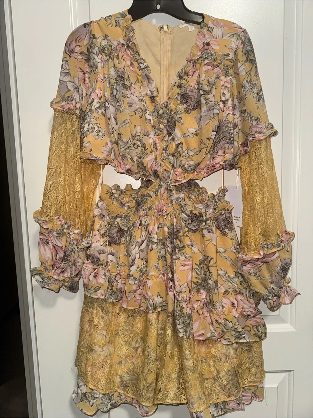 NWT ROSEVELVET Yellow Floral Lace Long-Sleeve Ruffle Dress SIZE L